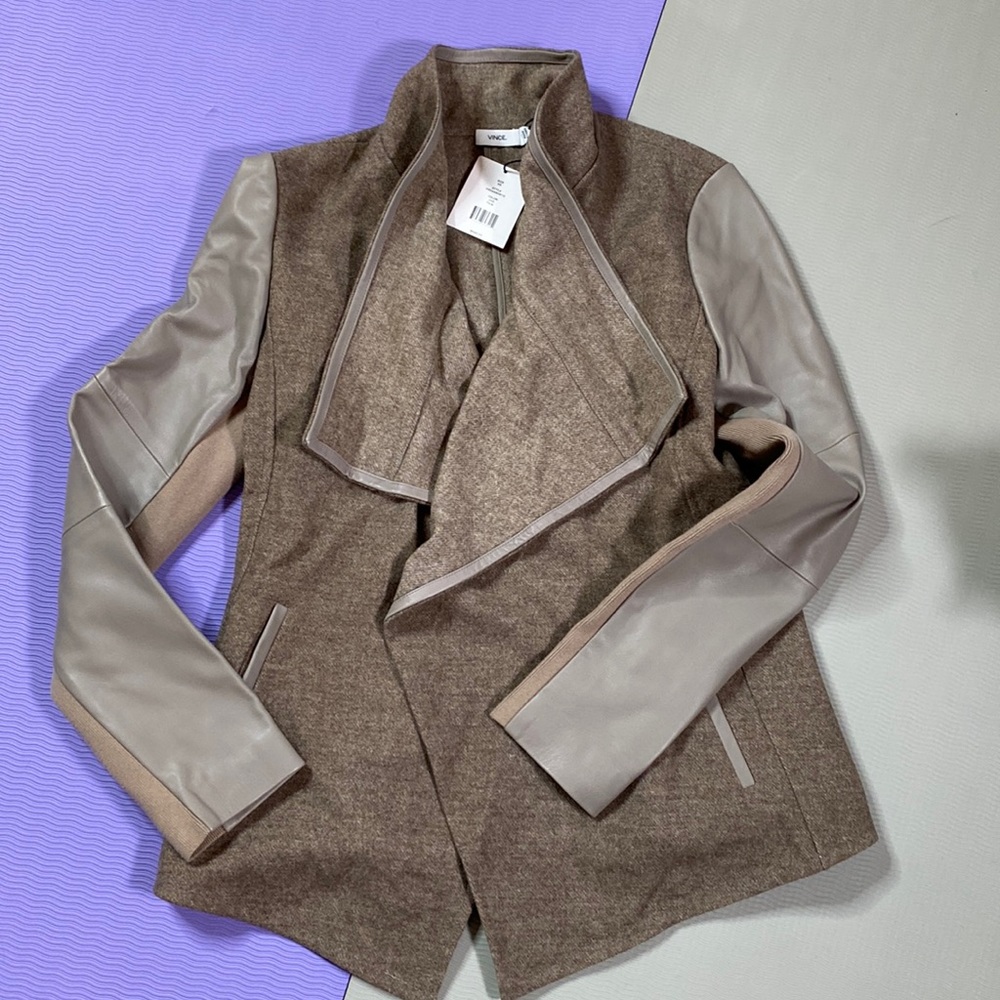 Vince Wool drape neck jacket with leather sleeves